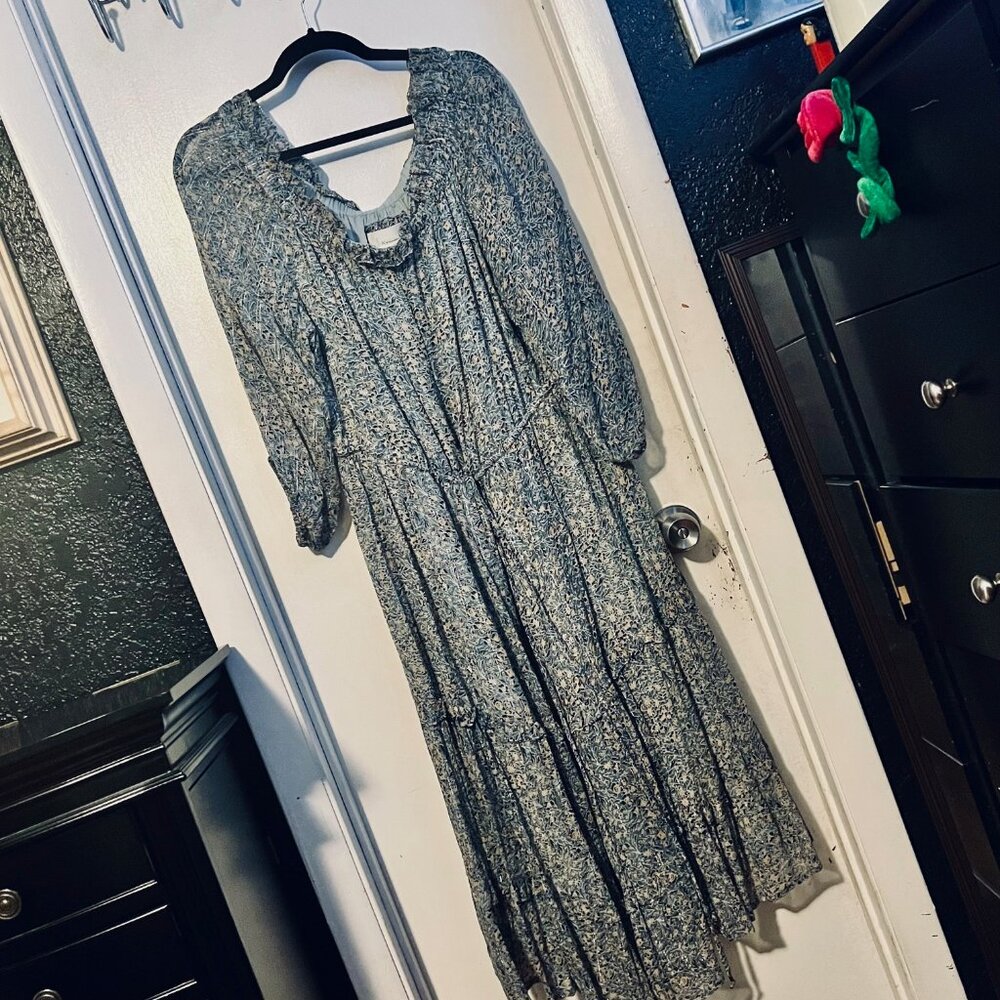 Anthropologie A+ 18W off-the-shoulder dress; light blue, floral, silver threads